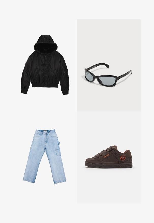 Giacca invernale nera imbottita con cappuccio foderato in pelliccia, tasche frontali, tasca con zip sulla manica e polsini e orlo a coste.; Felpa color crema con grande stampa nera "2Y STUDIOS", tasca anteriore, polsini e orlo a coste, vestibilità rilassata, texture del tessuto morbida.; Pantaloni cargo in denim azzurro chiaro con vestibilità rilassata, dotati di tasca frontale e tasca laterale utile, dettagli cuciti e design a gamba dritta.; Scarpe da skate marroni con collo imbottito, tomaia in pelle testurizzata e logo in rilievo. Caratterizzate da lacci spessi e suola in gomma con scanalature.; Occhiali da sole neri con un design elegante e angolare. Presentano lenti grigie e montature in plastica lucida. Include piccoli dettagli in metallo e un marchio sulla asta.