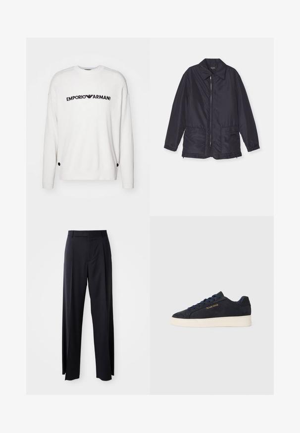 Marineblaue gepolsterte Jacke, leicht, mit Reißverschluss vorne, zwei Fronttaschen und Kragen. Glatte Textur, elastische Ärmelbündchen und Saum.; Weißer strukturierter Pullover mit langen Ärmeln, der ein schwarzes, besticktes "EMPORIO ARMANI"-Logo über der Brust sowie schwarze Knopfakzente am Saum aufweist.; Schwarze, hoch taillierte Hose mit weitem Bein, aus glattem Stoff. Verfügt über vorne gelegte Falten und Gürtelschlaufen. Minimalistisches Design, ohne sichtbare Beschläge.; Marineblaue Wildleder Low-Top Sneaker mit weißer Sohle, marineblauen Schnürsenkeln und goldenem "Filling Pieces" Logo an der Seite.