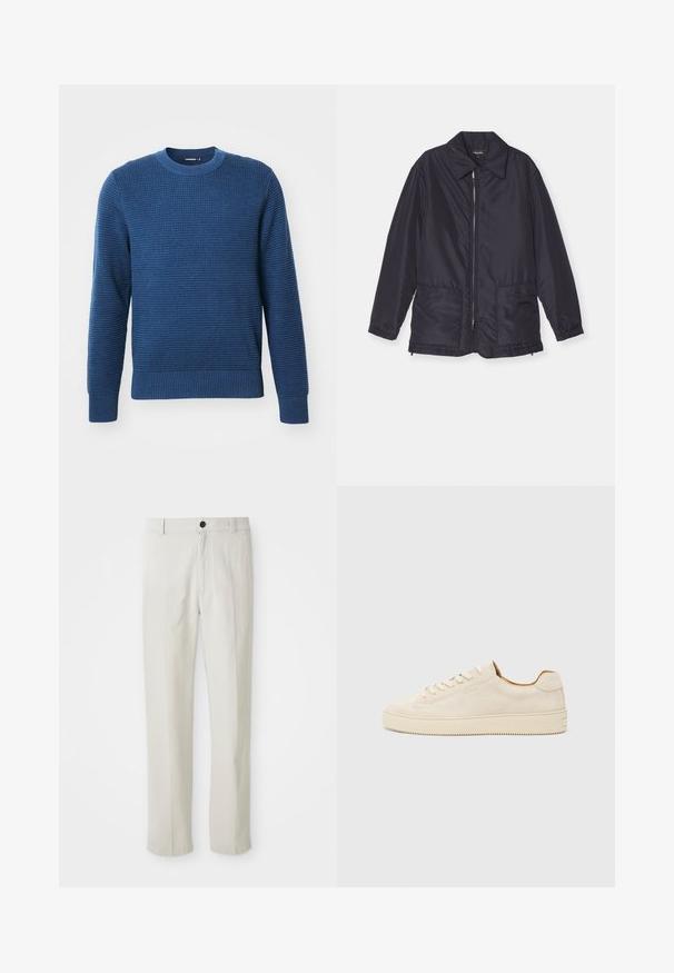 Veste rembourrée bleu marine, légère, avec fermeture éclair à l'avant, deux poches avant et un col. Texture lisse, poignets et ourlet élastiques.; Pull-over en tricot bleu à col rond, avec un motif texturé, des poignets et un ourlet côtelés, et un design uni. Confectionné dans un matériau doux et chaud.; Pantalons beiges à jambe droite avec passants de ceinture, bouton avant et fermeture éclair, présentés à plat sur un fond blanc.; Baskets en suède beige au design low-top, à bout rond, avec des lacets plats et une semelle en caoutchouc texturée. Style minimaliste sans logos visibles.