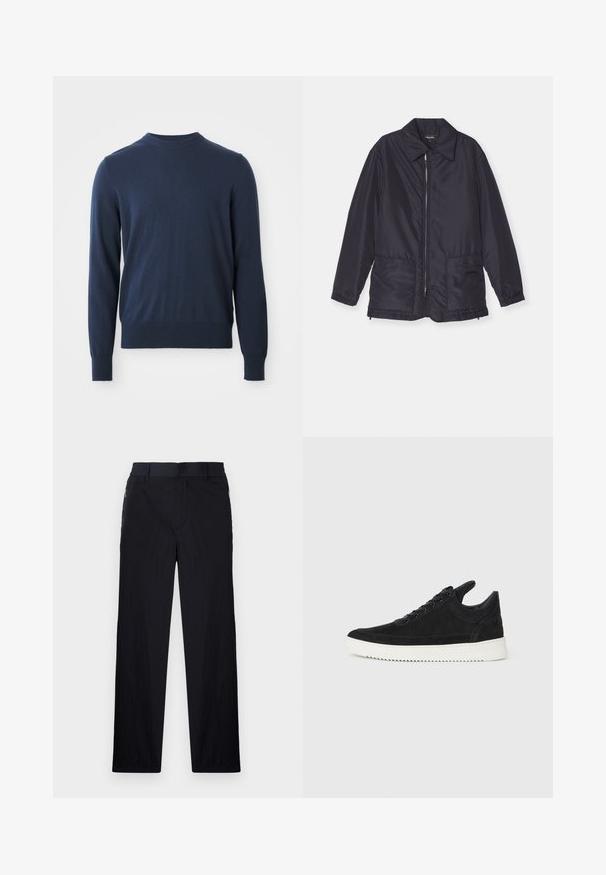 Tummansininen vuorattu takki, kevyt, edessä vetoketjulla, kaksi etutaskua ja kaulus. Tasainen pinta, joustavat hihansuut ja helma.; Tummansininen pitkähihainen pyöreäkaulainen neulepaita, jossa on ribbitehosteet hihansuissa ja helman kohdalla, esillä valkoista taustaa vasten.; Mustat housut, joissa on kevyt, teksturoitu kangas, suora lahje, joustava vyötärö ja sivuvetoketjupussit.; Mustat mokkasiinikenkiä valkoisella kumipohjalla, jossa on sävy sävyyn ompelu ja nauhakiinnitys. Sujuva pinta ja moderni, virtaviivainen muoto.