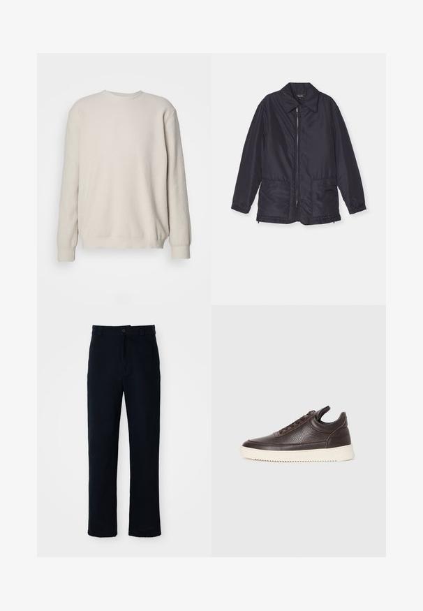 Navy blue padded jacket, lightweight, with a zip front, two front pockets, and a collar. Smooth texture, elastic cuffs, and hem.; Beige long-sleeve sweater with ribbed texture, round neck, and fitted cuffs. Simple, unembellished design with a relaxed fit.; Navy blue trousers made of cotton, featuring a straight-leg design, a front button closure, and classic waistband with belt loops.; Dark brown textured leather sneaker with lace-up front and white ridged rubber sole on a plain light background.