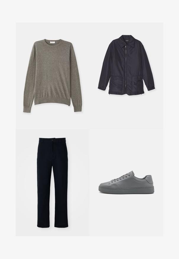 Tumesinine padiõhuga jakk, kerge, eest lukuga, kahe esipocketiga ja kraega. Sile tekstuur, elastsed mansetid ja alläär.; Halli hallja pehmesse kangas, ringkaelusega, pikkade varrukate ja soonikkudumitega. Omab lihtsat ja puhtalt disaini.; Tumed sinelased püksid puuvillast, sirge lõikega, eesnupu sulgemisega ning klassikalise vöökohaga, kus on vööaasad.; Hallinud sünteetilised tossud, millel on sile tekstuur, madala ülemise disain, ümar varvas ja lame kummist tall. Sisaldab halli nööri ja peent brändimist.