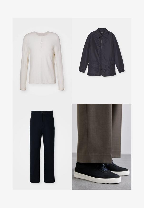 Tamno plava podstavljena jakna, lagana, s patentnim zatvaračem sprijeda, dva prednja džepa i kragnom. Gladka tekstura, elastične manžete i donji rub.; Dugi rukav, kremasti henley majica izrađena od mekanog materijala, s okruglim izrezom, tri gumba sprijeda i ravnim rubom.; Mornarsko plave hlače od pamuka, s ravnim krojem, prednjim kopčanjem na gumb i klasičnim pojasom s petljama za remen.; Crne nubuk tenisice s bijelim gumenim potplatima, s zaobljenim vrhom i vezicama, uparene s sivim krojenim hlačama.
