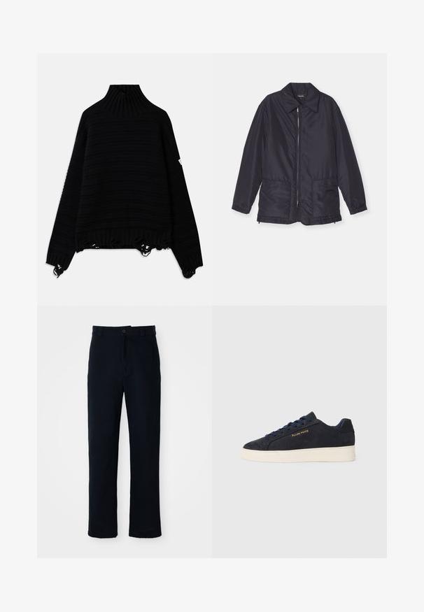 Temno modra podložena jakna, lahka, z zadrgo spredaj, dvema sprednjima žepoma in ovratnikom. Gladka tekstura, elastični manšeti in rob.; Črn pleten pulover z rebrastim, visokim ovratnikom, črtastim vzorcem in raztrganimi robovi. Ima dolge rokave in sproščen kroj.; Temno modri hlače iz bombaža, s ravnim krojem, sprednjim gumbom in klasičnim pasom z zankami za pas.; Mornarsko modre semiš nizke superge z belim podplatom, mornarskimi vezalkami in z zlatim logotipom "Filling Pieces" na strani.