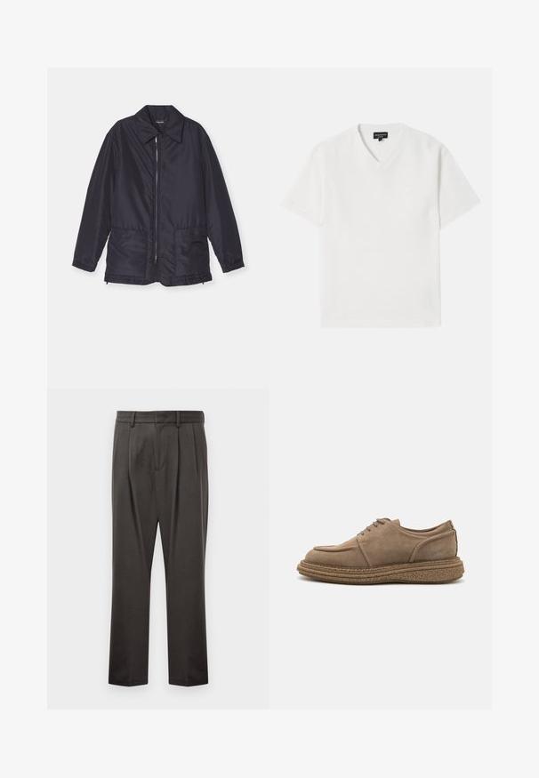 Navy blue padded jacket, lightweight, with a zip front, two front pockets, and a collar. Smooth texture, elastic cuffs, and hem.; White short-sleeve V-neck t-shirt made from textured fabric with a subtle pattern. Features a small logo on the chest.; Dark gray trousers made from textured fabric, featuring a flat front, pleats, straight legs, and belt loops. No visible hardware or patterns.; Brown suede lace-up shoes with a rounded toe, textured cork sole, and a slightly raised heel. Simple stitching accents on sides.