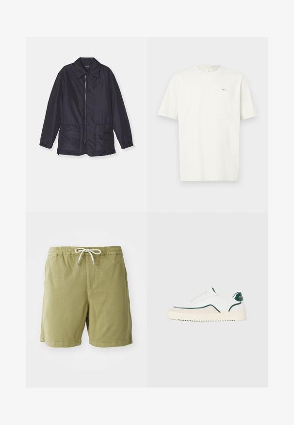 Veste rembourrée bleu marine, légère, avec fermeture éclair à l'avant, deux poches avant et un col. Texture lisse, poignets et ourlet élastiques.; T-shirt blanc à manches courtes, avec un petit texte noir "NN. 07" sur le côté gauche de la poitrine, sur un fond clair.; NN.07 GREGOR - Short - green; Baskets basses blanches avec des bords verts, des détails en suède beige et une semelle de couleur crème avec un fond rainuré.