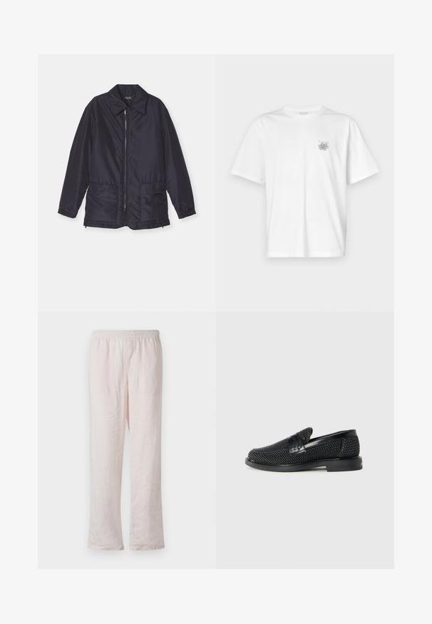 Tumesinine padiõhuga jakk, kerge, eest lukuga, kahe esipocketiga ja kraega. Sile tekstuur, elastsed mansetid ja alläär.; Valge puuvillane T-särk lühikeste varrukatega, ümmarguse kaelusega ja väike hall logo vasakul rinnaosal. Sile tekstuur.; Heledad roosa linane püksid elastse vöökoha, sirge jala disaini ja pehme, tekstuuriga viimistlusega. Ilma nähtavate mustrite või aktsentideta.; Must musta kootud slip-on king, millel on pehme nahast accent ülaserval, ümmargune varvas ja madal profiiliga kummitald.