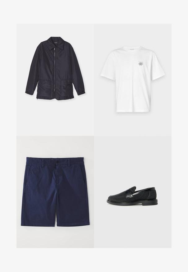 Giacca imbottita blu navy, leggera, con zip frontale, due tasche anteriori e colletto. Texture liscia, polsini e orlo elasticizzati.; T-shirt bianca in cotone con maniche corte, colletto tondo e un piccolo logo grigio nella zona sinistra del petto. Texture liscia.; Pantaloni corti in cotone blu navy con taglio dritto, dotati di passanti per cintura, chiusura con bottone frontale e due tasche laterali. Texture liscia.; Scarpa nera a mocassino intrecciata con un accentuato in pelle liscia sulla parte superiore, design a punta rotonda e suola in gomma a profilo basso.