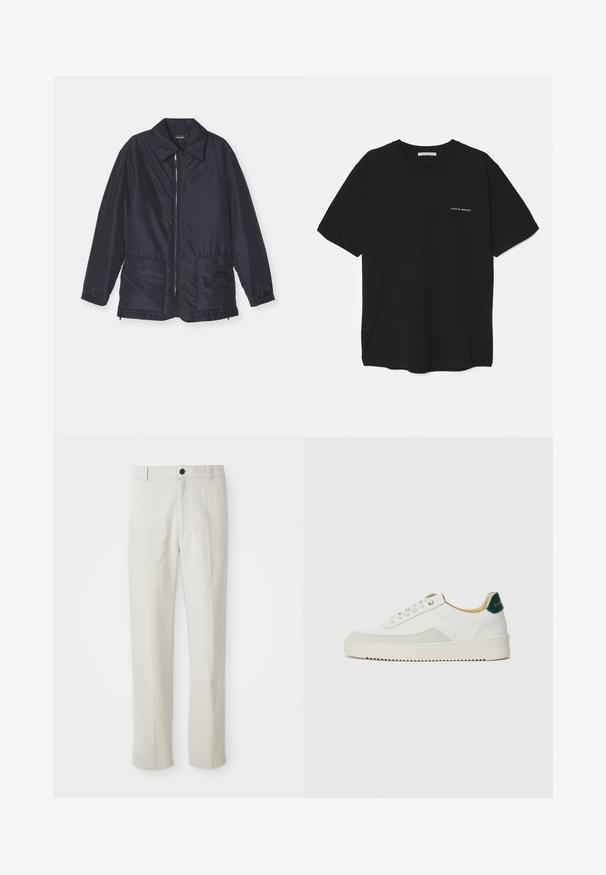 Navy blue padded jacket, lightweight, with a zip front, two front pockets, and a collar. Smooth texture, elastic cuffs, and hem.; Black cotton T-shirt with a crew neck, short sleeves, and a white logo print on the left chest. Simple, solid color design.; Beige straight-leg pants with belt loops, front button, and zip closure, displayed flat on a white background.; White sneaker with suede accents, rounded toe, flat laces, and a cream rubber sole. Features green branding on the heel.
