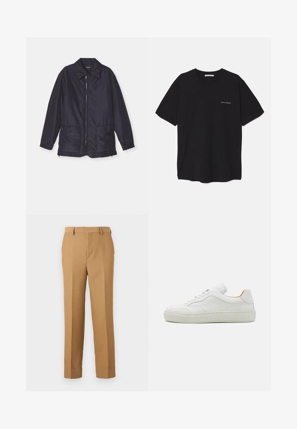 Sötétkék párnázott dzseki, könnyű, elöl cipzárral, két elülső zsebbel és gallérral. Sima textúrájú, rugalmas mandzsettákkal és derékkal.; Fekete pamut T-shirt kerek nyakkivágással, rövid ujjakkal, és fehér logónyomattal a bal mellrészen. Egyszerű, egyszínű dizájn.; Vékony, szőtt anyagból készült bézs szövetnadrág, amely egyenes szabású, sima elülső résszel és övpántokkal rendelkezik. Sima textúrával rendelkezik, látható minták nélkül.; Fehér bőr tornacipő, kerek orral, lapos fűzőkkel, párnázott nyelvvel és texturált talppal. Simaság jellemzi, minimalista dizájnnal.