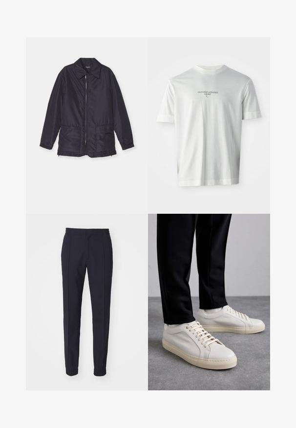 Marineblauwe gewatteerde jas, lichtgewicht, met een rits aan de voorkant, twee voorzakken en een kraag. Glad textuur, elastische manchetten en zoom.; Witte T-shirt met korte mouwen met het logo "EMPORIO ARMANI MILANO" gecentreerd op de borst in subtiel verhoogde letters.; Paul Smith TROUSER - Broek - dark blue; Lichtbeige leren sneakers met platte veters, een gestructureerd oppervlak en een contrasterende crème-kleurige rubberen zool, gecombineerd met zwarte taps toelopende broek.