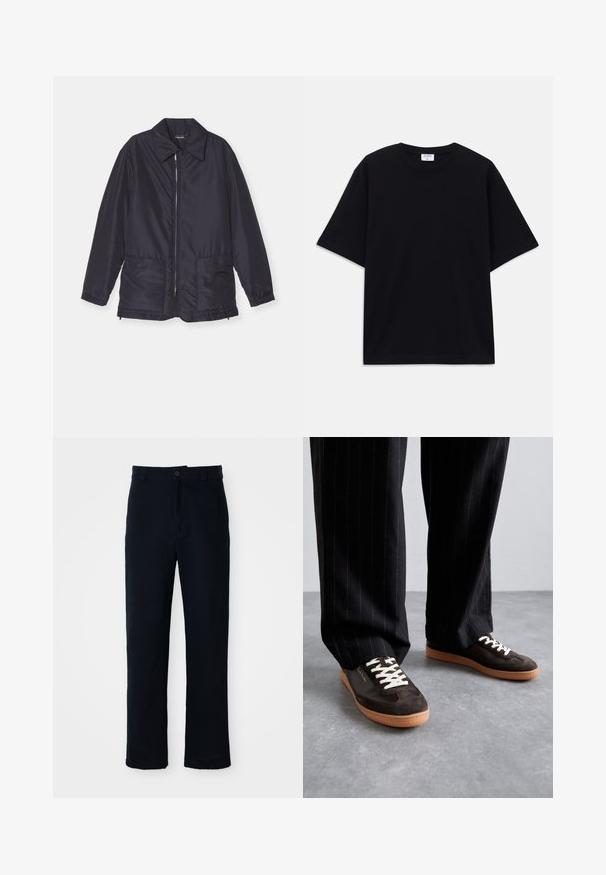 Jūras spēku zila piepūsta jaka, viegla, ar rāvējslēdzēja priekšpusi, divām priekšējām kabatām un apkakli. Gluda tekstūra, elastīgi aproces un apakšmala.; Melns īsām piedurknēm oversize T-krekls ar apaļu kakla izgriezumu un redzamu Filippa K zīmola birku iekškaklā.; Kokvilnas tumši zilas bikses ar taisnu kāju dizainu, priekšējo pogu aizdari un klasisku jostasvietu ar jostas cilpiņām.; Tumši brūni zamšādas sporta apavi ar krēmkrāsas šņorēm, baltajiem akcentiem un brūnu gumijas zoli. Valkāti ar melniem strīpotiem biksēm.