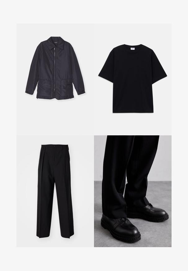 Marineblauwe gewatteerde jas, lichtgewicht, met een rits aan de voorkant, twee voorzakken en een kraag. Glad textuur, elastische manchetten en zoom.; Zwarte oversized T-shirt met korte mouwen en ronde hals, met zichtbaar Filippa K merkelabel aan de binnenkant van de kraag.; Zwarte geplooide broeken met een rechte, brede pijpontwerp. Gemaakt van soepele stof, met een knoopsluiting en riemlussen.; Zwarte leren schoenen met een ronde neus, gestructureerd bovenwerk, vetersluiting en dikke rubberen zool met een profielpatroon. Draagt met zwarte broek.