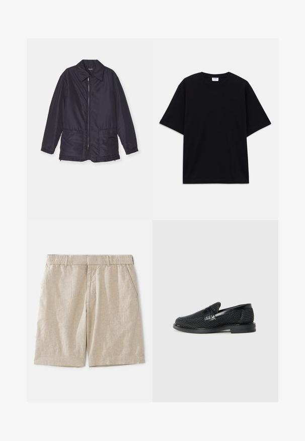 Giacca imbottita blu navy, leggera, con zip frontale, due tasche anteriori e colletto. Texture liscia, polsini e orlo elasticizzati.; T-shirt oversize nera a maniche corte con scollatura rotonda e etichetta del marchio Filippa K visibile all'interno del colletto.; Pantaloni corti in lino beige con una vestibilità rilassata, dotati di una cintura elastica e tasche laterali. Tessuto morbido con un sottile motivo tessuto.; Scarpa nera a mocassino intrecciata con un accentuato in pelle liscia sulla parte superiore, design a punta rotonda e suola in gomma a profilo basso.