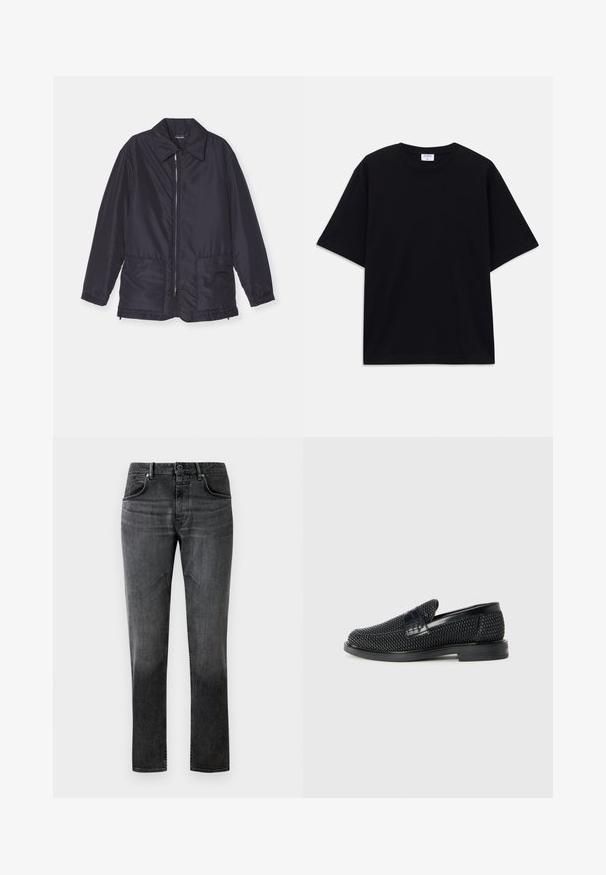 Tumesinine padiõhuga jakk, kerge, eest lukuga, kahe esipocketiga ja kraega. Sile tekstuur, elastsed mansetid ja alläär.; Must t-särk, lühikeste varrukatega, üle mõõdu, ümmarguse kaelusega ja nähtava Filippa K brändi sildiga kaelas.; Mustad denim teksad sirge lõikega, viie taskuga disain ja õrn tuhmumine. Omab nööbi kinnitust ja vööpidureid. Sile tekstuur.; Must musta kootud slip-on king, millel on pehme nahast accent ülaserval, ümmargune varvas ja madal profiiliga kummitald.