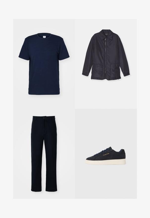 Marineblauwe gewatteerde jas, lichtgewicht, met een rits aan de voorkant, twee voorzakken en een kraag. Glad textuur, elastische manchetten en zoom.; Korte mouwen navyblauwe t-shirt met ronde hals, gemaakt van zacht materiaal, met een gladde textuur en een eenvoudig ontwerp zonder patronen.; Marineblauwe broeken van katoen, met een recht model, een sluiting met een knoop aan de voorkant en een klassieke tailleband met riemlussen.; Navyblauwe suède lage sneakers met een witte zool, navy veters en het 'Filling Pieces' logo in goud op de zijkant.