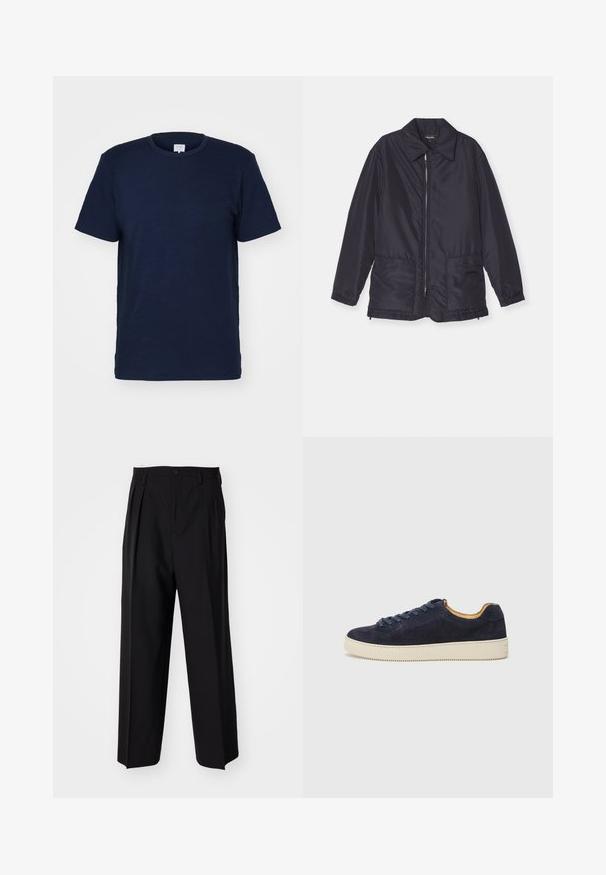 Navy blue padded jacket, lightweight, with a zip front, two front pockets, and a collar. Smooth texture, elastic cuffs, and hem.; Navy blue short-sleeve t-shirt with a crew neck, made of soft fabric, featuring a smooth texture and simple design without patterns.; Black pleated trousers with a straight, wide-leg design. Made from smooth fabric, featuring a button closure and belt loops.; Navy suede low-top sneaker with rounded toe, off-white rubber sole, and matching laces; features a contrasting tan interior lining.