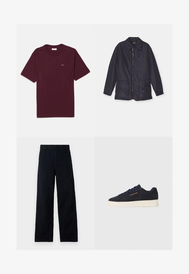 Námornícky modrá vypchávkovaná bunda, ľahká, so zipsom vpredu, dvoma prednými vreckami a golierom. Hladká textura, elastické manžety a lem.; Burgundská bavlnená tričko s okrúhlym výstrihom, krátkymi rukávmi a malým bielym logom "NN. 07" na hrudi. Hladká textúra, štandardný strih.; Čierne široké nohavice z bavlny s hladkou textúrou, s klasickým pásom a jemnými bočnými švami. Bez viditeľných vreciek.; Námornícky modré semišové nízke tenisky s bielou podrážkou, námorníckymi šnúrami a zlatým logom "Filling Pieces" na boku.