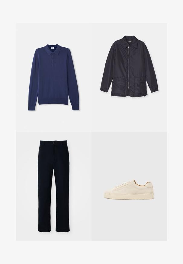Casaco acolchoado azul marinho, leve, com fecho frontal, dois bolsos frontais e colarinho. Textura suave, punhos e bainha elásticos.; Polo sweater de manga longa em azul marinho, feito em tecido de malha suave. Apresenta um colarinho clássico, três botões e punhos e bainha canelados.; Calças azul marinho em algodão, com um design de perna reta, fecho frontal com botão e cinta clássica com passantes para cinto.; Sapatilhas de camurça bege com um design de cano baixo, bico redondo, atacadores planos e uma sola de borracha texturizada. Estilo minimalista sem logótipos visíveis.