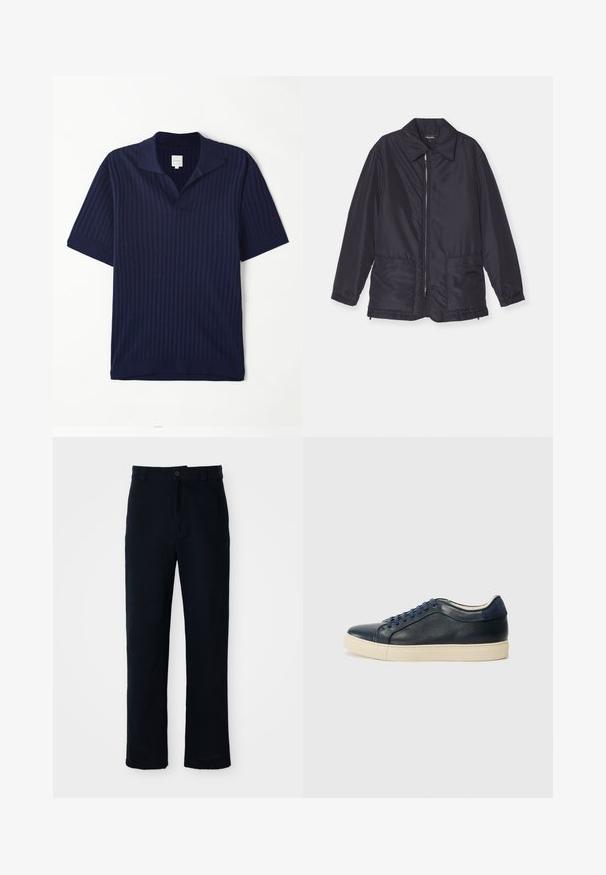 Tmavě modrá prošívaná bunda, lehká, s předním zipem, dvěma předními kapsami a límcem. Hladká textura, elastické manžety a lem.; Námořnická modrá polokošile s krátkým rukávem, s žebrovanou strukturou, plochým límcem a červeným vyšívaným logem na levém rukávu.; Námorně modré kalhoty vyrobené ze 100 % bavlny, s rovnými nohavicemi, předním zapínáním na knoflík a klasickým pasem s poutky na pásek.; Námořnické modré kožené tenisky s krémovou gumovou podrážkou, s modrými tkaničkami a hladkým povrchem. Kulatá špička a minimalistický design.