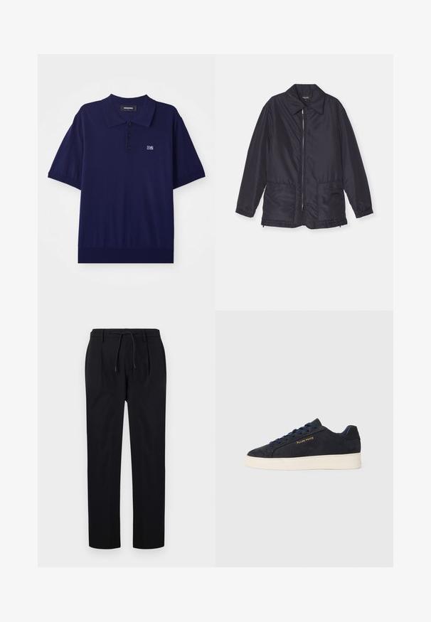 Marineblå polstret jakke, letvægts, med lynlås foran, to frontlommer og krave. Glat tekstur, elastiske manchetter og kant.; Marineblå kortærmet polo-shirt, lavet af blødt stof, med krave, tre knapper og et lille broderet "D2" logo på brystet.; Sorte bukser lavet af glat stof, med snor i taljen, lige ben og frontfolder for et struktureret udseende.; Mørkeblå ruskinds lavtop sneaker med hvid sål, mørkeblå snørebånd og "Filling Pieces" logo i guld på siden.