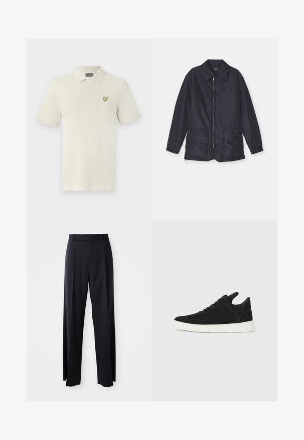 Sötétkék párnázott dzseki, könnyű, elöl cipzárral, két elülső zsebbel és gallérral. Sima textúrájú, rugalmas mandzsettákkal és derékkal.; Világos bézs színű, pamut póló, három gombos gallérral és egy kis zöld madár emblémával a bal mellrészen. Rövid ujjak.; Fekete, magasan ültetett nadrág, széles szárai vannak, sima anyagból készült. Elülső redők és övhurkok jellemzik. Minimalista dizájn, látható fémalkatrészek nélkül.; Fekete nubuk sportcipő fehér gumitalppal, tónusos varrással és fűzős kialakítással. Simák a textúrája, modern, letisztult formával rendelkezik.