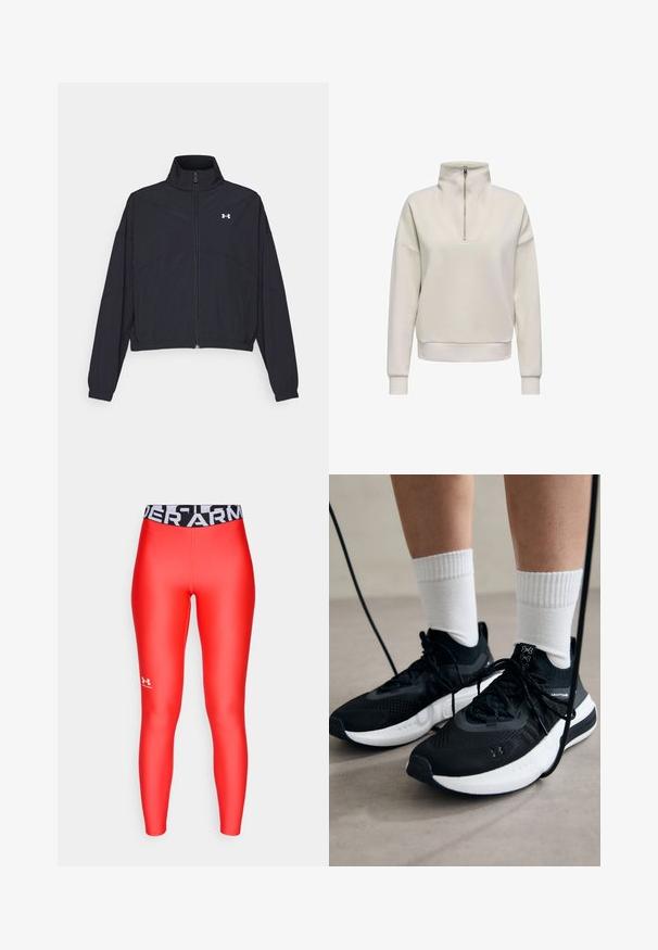 Giacca nera con zip e colletto alto, polsini e orlo elastici. Presenta una texture liscia e un piccolo logo bianco sul petto.; Pullover beige chiaro con colletto a mezza zip, tessuto morbido, vestibilità rilassata, polsini a costine e una cucitura a V distintiva sul davanti.; Leggings rossi realizzati in un materiale liscio e elasticizzato, con una cintura nera che presenta la scritta "UNDER ARMOUR" in bianco. Piccolo logo sulla parte bassa della gamba.; Scarpe sportive nere con tessuto testurizzato, suola bianca e lacci neri. Indossate con calzini bianchi a costine, in piedi su una superficie chiara.