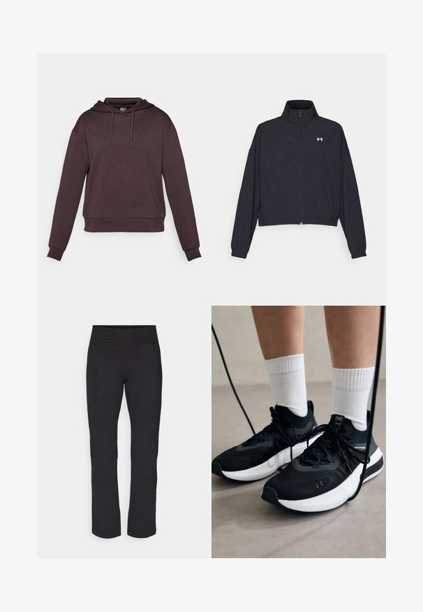Crna jakna na zatvaranje s visokom ovratnikom, elastičnim manžetama i rubom. Ima glatku teksturu i mali bijeli logo na prsima.; Smeđa kapuljača s dugim rukavima, izrađena od mekanog materijala. Ima kapuljaču s vezicom i rebrasti rub na dnu i manšetama.; Crne tajice od glatkog, rastezljivog materijala s visokim pojasom. Imaju ravne, punu dužinu nogavica i bez vidljivih uzoraka ili dekoracija.; Crne atletske cipele s teksturiranim materijalom, bijelim potplatima i crnim vezicama. Nosene s bijelim rebrastim čarapama, stojeći na svijetloj površini.