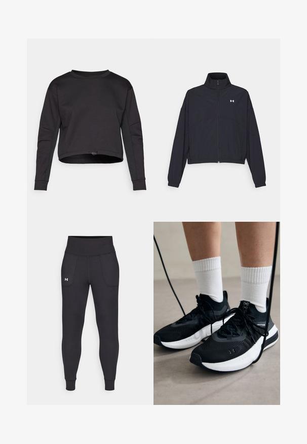 Giacca nera con zip e colletto alto, polsini e orlo elastici. Presenta una texture liscia e un piccolo logo bianco sul petto.; Felpa nera con design corto, maniche lunghe, collo rotondo e inserti laterali. Realizzata in materiale morbido ed elastico. Cordoncino regolabile all'orlo.; Leggings atletici neri realizzati in materiale elastico, con un alto giro vita, tasche laterali e polsini aderenti alla caviglia.; Scarpe sportive nere con tessuto testurizzato, suola bianca e lacci neri. Indossate con calzini bianchi a costine, in piedi su una superficie chiara.