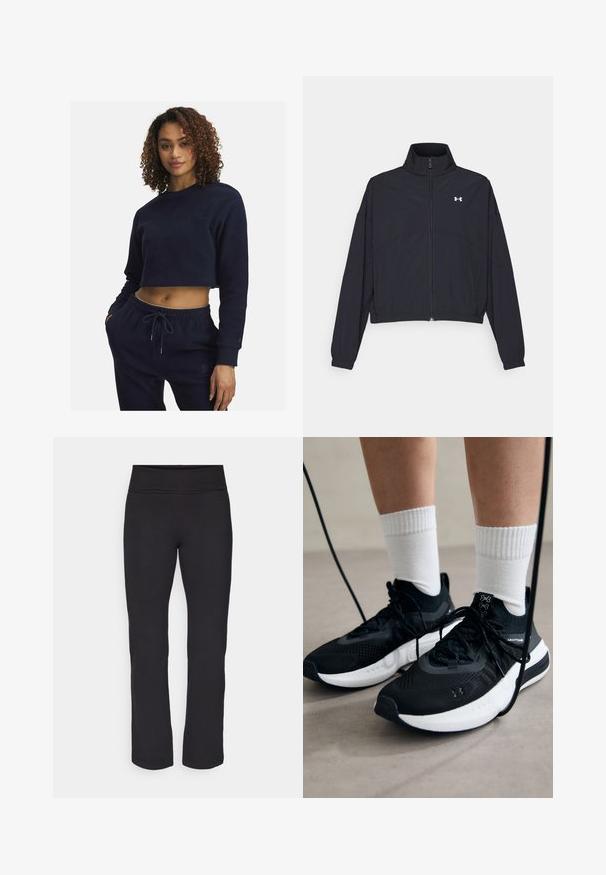 Melnā zipa jakā ar augstu apkakli, elastīgām piedurknēm un apakšmalu. Tai ir gluda tekstūra un neliels balts logo uz krūšu daļas.; Tums zilas īsās piedurkņu krekls no mīksta auduma ar garām piedurknēm, ar apaļu kakla izgriezumu un smalku izšuvumu. Apvienots ar atbilstošām biksēm.; Melnas leggingas ar gludu, elastīgu audumu un plašu vidukļa joslu. Tiem ir taisnas, pilna garuma kājas un nav redzamu rakstu vai akcentu.; Melni sporta apavi ar strukturētu audumu, balta zole un melni šņores. Valkāti ar baltām ribotām zeķēm, stāvot uz gaišas virsmas.