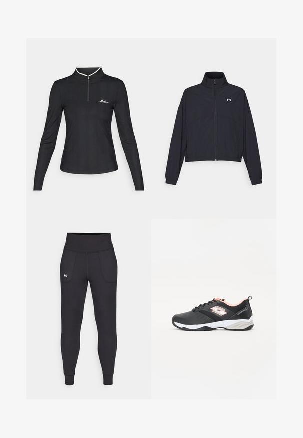 Juodas užtrauktuku užsegamas džemperis su aukštu apykaklės kraštu, elastingomis rankogaliais ir apačia. Pasižymi lygiu tekstūru ir mažuoju baltu logotipu ant krūtinės.; Juodas ilgų rankovių zip-up marškinėliai su banguota tekstūra, kontrastingu baltu apykakle ir mažuoju logotipu ant krūtinės. Prigludęs dizainas.; Juodos sportinės leginsai, pagaminti iš tamprių medžiagų, su aukštu juosmeniu, šoninėmis kišenėmis ir priglundančiomis blauzdų manžetėmis.; Juodos sportinės bateliai su tinklinio viršumi, baltais ir šviesiai rožiniais akcentais, su raišteliais ir tekstūruotu padu, skirta sukibimui. Lengvi ir lankstūs.