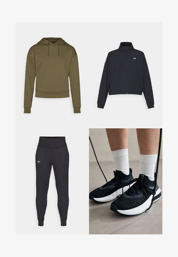 Veste noire zippée avec un col montant, des poignets et un ourlet élastiques. Presentant une texture lisse et un petit logo blanc sur la poitrine.; ONLY Play ONPLOUNGE LIFE HOOD - Sweat à capuche - kalamata; Leggings de sport noirs en matière extensible, avec une taille haute, des poches latérales et des poignets ajustés au niveau des chevilles.; Chaussures de sport noires en tissu texturé, avec une semelle blanche et des lacets noirs. Portées avec des chaussettes blanches côtelées, debout sur une surface claire.