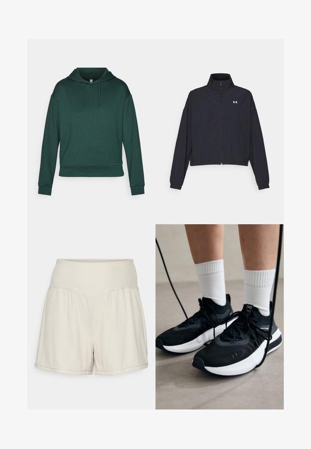 Fekete cipzáras dzseki magas gallérral, elasztikus mandzsettákkal és aljjal. Simaság jellemzi, és egy apró fehér logó található a mellkasán.; Zöld kapucnis pulóver puha anyagból, húzózsinórral, hosszú ujjaival és laza szabásával. Sima textúra bordázott mandzsettákkal.; Világos bézs rövidnadrág, struktúrált bordás derékkal, laza szabással és áramló kialakítással. Varrott szegélyekkel és oldalsó hasítékokkal a rugalmasság érdekében.; Fekete sportcipők textúrált anyagból, fehér talppal és fekete fűzőkkel. Fehér bordázott zoknikkal viselve, világos felületen állva.