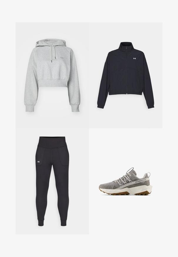 Melnā zipa jakā ar augstu apkakli, elastīgām piedurknēm un apakšmalu. Tai ir gluda tekstūra un neliels balts logo uz krūšu daļas.; Pelēks īsais kapuces džemperis, kas izgatavots no mīksta auduma, ar priekšējo kabatu, auklas kapuci un ribinātiem piedurkņu galiem. Smalks logo uz krūšu.; Melnas sporta legingi, kas izgatavoti no stiepjama materiāla, ar augstu jostasvietu, sānu kabatām un pieguļošiem anklets.; Pelēkie New Balance teniszari ar teksturētu adītu virsmu, baltu ģeometrisku zoli, brūnu protektoru, elastīgu šņoru dizainu un vilkšanas cilpiņām uz mēles un papēža.