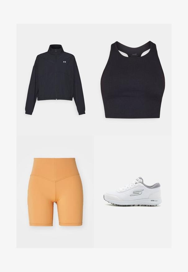 Črna jakna na zadrgo z visokim ovratnikom, elastičnimi manšetami in robom. Ima gladko teksturo in majhen bel logotip na prsih.; Črn športni crop top iz žametnega materiala, ki ima brezrokavni dizajn in zaobljen izrez z izrezanimi detajli.; Nebbia HIGH WAISTED BIKER SHORTS - Pajkice - orange; Bele športne čevlje z teksturirano mrežasto zgornjim delom, srebrnimi poudarki in lahkotnim podplatom, ki ima majhne protisklizne konice, označeni z "ULTRA FLIGHT."