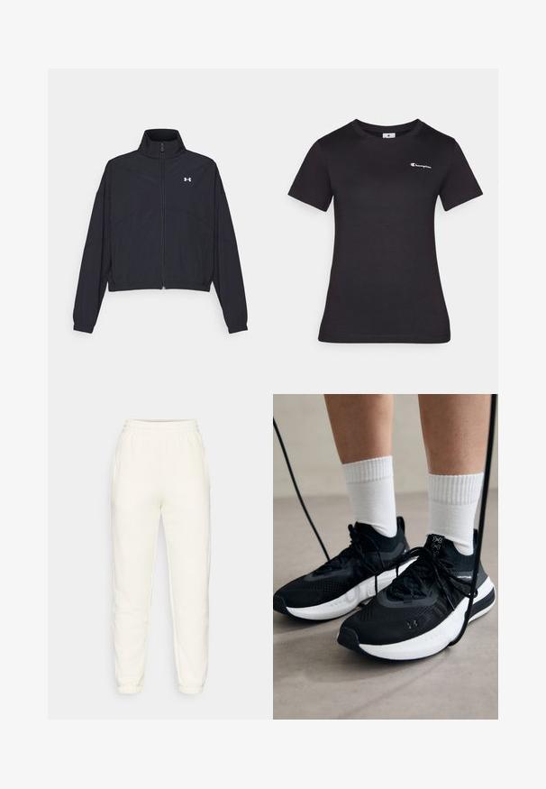 Black zip-up jacket with a high collar, elastic cuffs, and hem. Features a smooth texture and a small white logo on the chest.; Black short-sleeve t-shirt made of cotton, featuring a small embroidered logo on the chest. Classic crewneck design with a soft texture.; Cream jogger pants made of soft fabric, featuring an elastic waistband, side pockets, and elastic cuffs at the ankles for a tapered fit.; Black athletic shoes with textured fabric, white sole, and black laces. Worn with white ribbed socks, standing on a light surface.