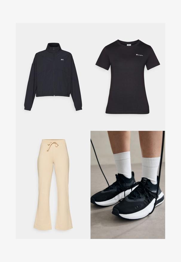 Musta vetoketjullinen takki korkealla kauluksessa, joustavat hihat ja helma. Ominaisuuksiin kuuluu sileä rakenne ja pieni valkoinen logo rinnassa.; Musta lyhythihainen t-paita, joka on valmistettu puuvillasta ja jossa on pieni brodeerattu logo rinnassa. Klassinen pyöreä pääntie ja pehmeä rakenne.; Beige haalarihousut, joissa on kiristysnauha vyötäröllä, valmistettu pehmeästä kankaasta, sileäpintaisia ja joissa on vähäiset saumat.; Mustat urheilukengät, joissa on teksturoitua kangasta, valkoiset pohjat ja mustat nauhat. Yhdistetty valkoisten urheilusukkien kanssa, seisten vaalealla pinnalla.