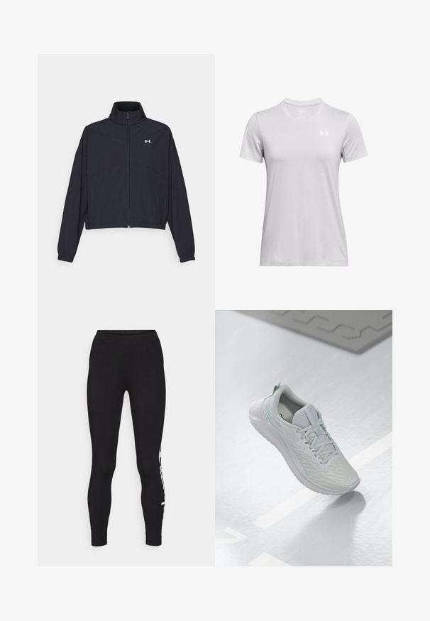 Schwarze Jacke mit Reißverschluss und hohem Kragen, elastischen Bündchen und Saum. Sie hat eine glatte Textur und ein kleines weißes Logo auf der Brust.; Kurzes Sport-T-Shirt aus hellgrauem Stoff, mit Rundhalsausschnitt und kleinem weißen Logo auf der oberen linken Brust. Weiche Textur.; Schwarze Leggings mit glatter Textur, hohem Bund und weißem Logo-Detail an der linken Seite. Enganliegendes Design, volle Länge.; Hellgrau Trainingsschuh mit strukturiertem Mesh-Obermaterial, Schnürdesign, gepolsterter Sohle und minimalem Branding.