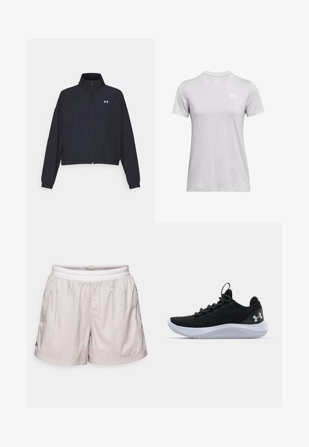 Fekete cipzáras dzseki magas gallérral, elasztikus mandzsettákkal és aljjal. Simaság jellemzi, és egy apró fehér logó található a mellkasán.; Rövid ujjú sportpóló világosszürke anyagból, kerek nyakkal, a bal felső mellrészen egy kis fehér logóval. Puha tapintású.; Világosszürke sportnadrág elasztikus derékkal, könnyű anyagból készült. Plisszírozott textúrával és kis logóval rendelkezik elöl.; Fekete sportcipők légáteresztő hálós felsőrésszel, texturált részletekkel és fehér gumitalppal. Lapos fűzővel és sarokhúzó füllel rendelkezik.