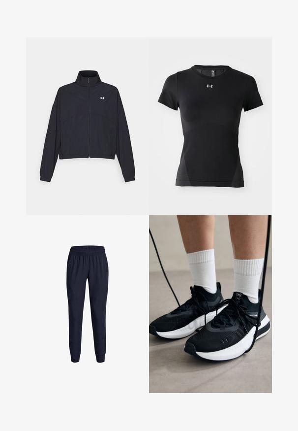 Črna jakna na zadrgo z visokim ovratnikom, elastičnimi manšetami in robom. Ima gladko teksturo in majhen bel logotip na prsih.; Črno športno majico s kratkimi rokavi, okroglo ovratnikom, teksturiranimi paneli ob straneh in srebrnim logotipom na prsih.; Mornarske atletične hlače z elastičnim pasom, ozko krojene noge in stranskimi žepi, izdelane iz lahkotnega, gladkega materiala.; Črne športne čevlje z strukturirano tkanino, belo podplatom in črnimi vezalkami. Nosi se z belimi rebrastimi nogavicami, stoje na svetli površini.