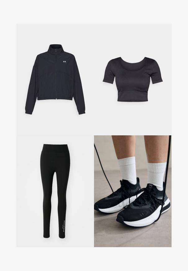 Čierna zipová bunda s vysokým golierom, elastickými manžetami a lemom. Má hladkú textúru a malé biele logo na hrudi.; Čierny rebrovaný krátky top s krátkymi rukávmi, širokým okrúhlym výstrihom a fitted pásom na dne. Mäkká textúra, ležérny dizajn.; Čierne legíny vyrobené z elastického materiálu. Vysoký pás so hladkým povrchom. Na dolnej časti nohy je biele písmo s nápisom "ATHELEISURE."; Čierne športové topánky s textúrovanou tkaninou, bielou podrážkou a čiernymi šnúrkami. Nosené s bielymi rebrovanými ponožkami, postavené na svetlom povrchu.