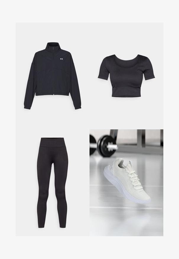 Musta vetoketjullinen takki korkealla kauluksessa, joustavat hihat ja helma. Ominaisuuksiin kuuluu sileä rakenne ja pieni valkoinen logo rinnassa.; Mustan ribattu lyhythihainen crop-top, jossa on leveä pyöreä pääntie ja tiukka vyötäröosa. Pehmeä rakenne, rento suunnittelu.; Mustat legginsit, jotka on valmistettu sileästä, joustavasta kankaasta. Korkea vyötärö, jossa ribbauskuvio. Kapea siluetti, ei näkyviä saumoja tai kuvioita.; Valkoiset urheilukengät, joissa on teksturoitu verkkopintainen yläosa ja nauhoitusjärjestelmä. Kenkäpareissa on pehmustettu valkoinen pohja ja hienovaraiset uritetut yksityiskohdat.