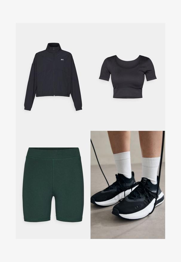 Črna jakna na zadrgo z visokim ovratnikom, elastičnimi manšetami in robom. Ima gladko teksturo in majhen bel logotip na prsih.; Črn rebrast kratek top s kratkimi rokavi, širokim okroglim vratnim izrezom in prilegajočim trakom na dnu. Mehka tekstura, sproščen dizajn.; ONLY Play ONPNOON LIFE SHORTS - Pajkice - scarab; Črne športne čevlje z strukturirano tkanino, belo podplatom in črnimi vezalkami. Nosi se z belimi rebrastimi nogavicami, stoje na svetli površini.