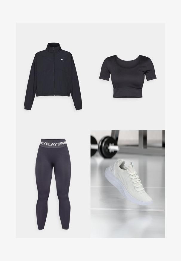 Black zip-up jacket with a high collar, elastic cuffs, and hem. Features a smooth texture and a small white logo on the chest.; Black ribbed cropped top with short sleeves, wide round neckline, and a fitted band at the bottom. Soft texture, casual design.; High-waisted dark gray leggings with a stretchy fabric, featuring a wide waistband with "ONLY PLAY SPORT" in contrasting white lettering.; White athletic sneaker with a textured mesh upper and lacing system, featuring a cushioned white sole and subtle ribbed accents.