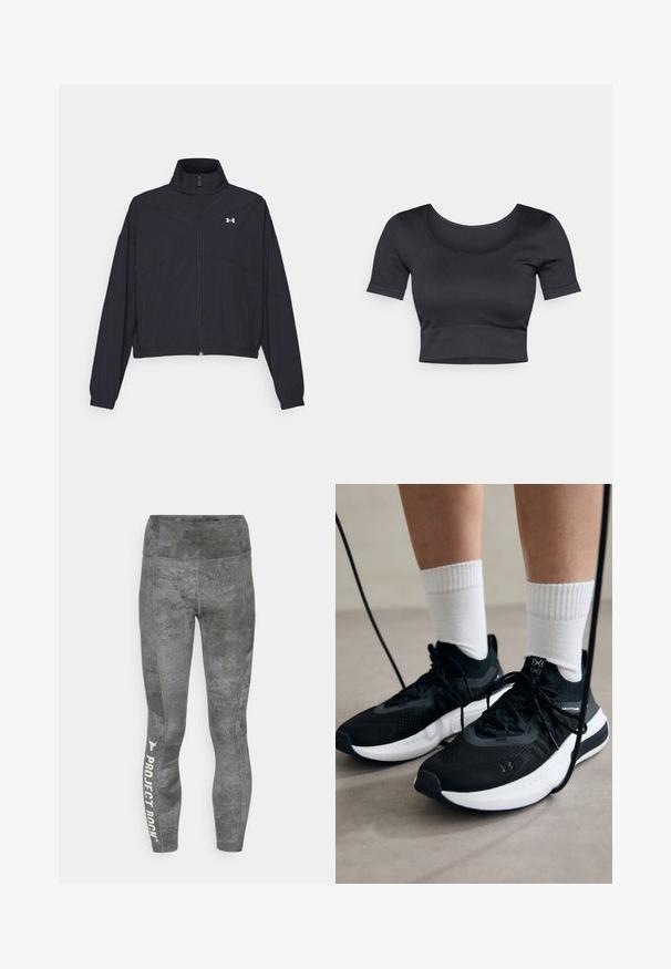 Black zip-up jacket with a high collar, elastic cuffs, and hem. Features a smooth texture and a small white logo on the chest.; Black ribbed cropped top with short sleeves, wide round neckline, and a fitted band at the bottom. Soft texture, casual design.; Gray leggings with a textured pattern, featuring a high waistband and the text "PROJECT ROCK" in white on the lower leg.; Black athletic shoes with textured fabric, white sole, and black laces. Worn with white ribbed socks, standing on a light surface.