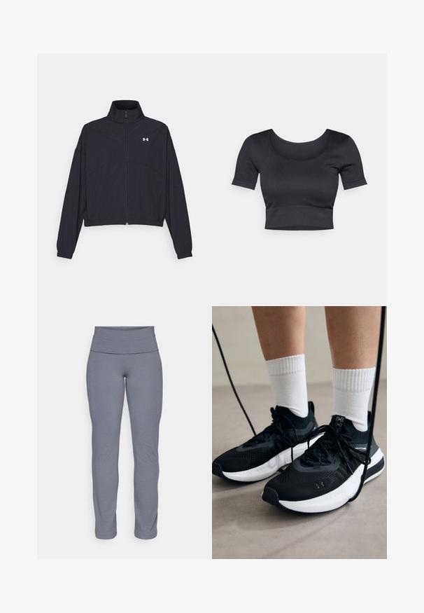 Black zip-up jacket with a high collar, elastic cuffs, and hem. Features a smooth texture and a small white logo on the chest.; Black ribbed cropped top with short sleeves, wide round neckline, and a fitted band at the bottom. Soft texture, casual design.; Gray athletic leggings with a wide, smooth waistband and a fitted, tapered leg design. Made from a soft, stretchy fabric.; Black athletic shoes with textured fabric, white sole, and black laces. Worn with white ribbed socks, standing on a light surface.