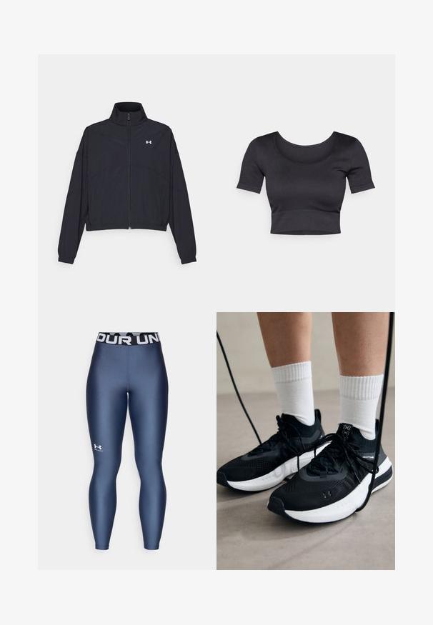 Must Musta tõmblukuga jakk, millel on kõrge krae, elastsed mansetid ja alläär. Omab sujuvat tekstuuri ja rinnal väikest valget logo.; Must have rõngaste ja lühikeste varrukatega must ribakujundusega topsi, millel on lai ümar dekoltee ja madal vöökoht. Pehme tekstuur, juhuslik disain.; Tumedate sinised sobivad legginsid, millel on sile tekstuur, elastne vöökoht, millel on Valge "UNDER ARMOUR" ja logo detail madalal jalal.; Mustad mustad jalanõud tekstuuritud kangast, valge tallaga ja mustade paeltega. Kanna valgete soonikkudega sokkide sisse, seistes helesinisel pinnal.
