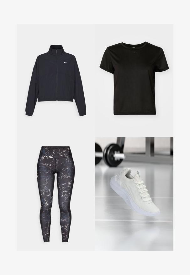 Chaqueta negra con cremallera y cuello alto, con puños y dobladillo elásticos. Presenta una textura suave y un pequeño logo blanco en el pecho.; Camiseta negra de manga corta hecha de tela suave, con cuello redondo y un corte relajado. Incluye detalles de diseño mínimos.; Leggings de talle alto en una base negra con un patrón veteado en colores apagados. Material suave y elástico con costuras de contraste y sin hardware visible.; Zapatilla deportiva blanca con parte superior de malla texturizada y sistema de cordones, que presenta una suela blanca acolchada y sutiles acentos acanalados.