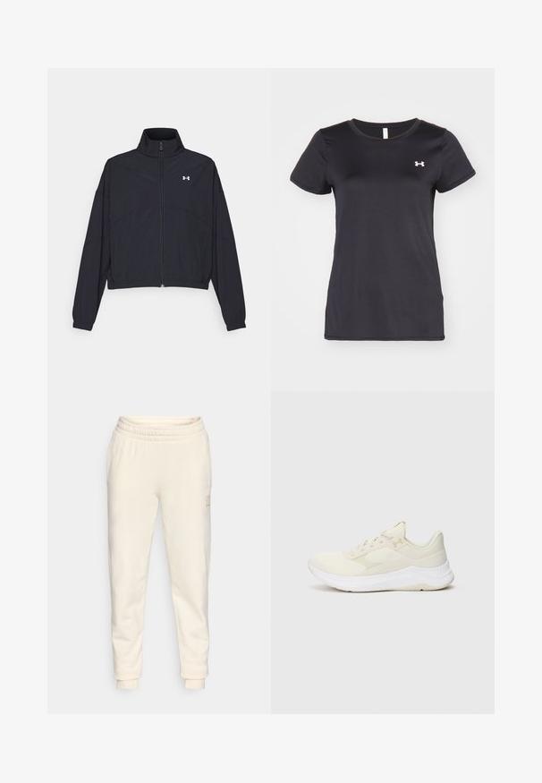 Chaqueta negra con cremallera y cuello alto, con puños y dobladillo elásticos. Presenta una textura suave y un pequeño logo blanco en el pecho.; Camiseta deportiva negra de mangas cortas hecha de una tela texturizada y transpirable, con un cuello redondo y un pequeño logotipo blanco en el pecho.; Pantalones jogger de color crema, hechos de una tela suave, que cuentan con una cinturilla elástica, diseño de pierna tapered y un pequeño parche de logo en el lateral.; Zapatillas deportivas de color claro, hechas de malla y materiales sintéticos, con una parte superior texturizada, suela acolchada y un branding sutil.