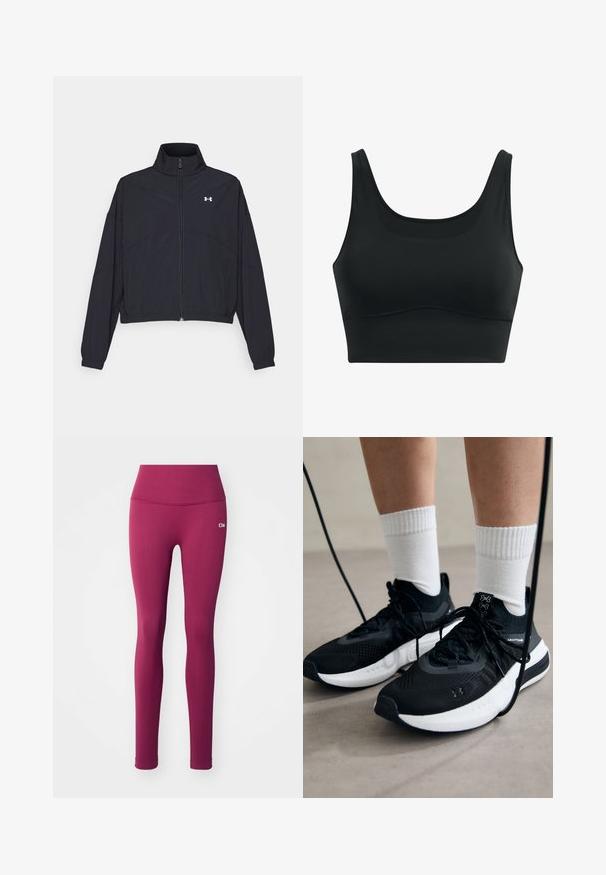 Giacca nera con zip e colletto alto, polsini e orlo elastici. Presenta una texture liscia e un piccolo logo bianco sul petto.; Brasiletta sportiva nera realizzata in tessuto liscio, con scollatura a barco, spalline larghe e design senza cuciture con orlo curvo.; Leggings viola a costine con vita alta e un piccolo logo bianco. Il tessuto sembra elastico e liscio, adatto per abbigliamento sportivo.; Scarpe sportive nere con tessuto testurizzato, suola bianca e lacci neri. Indossate con calzini bianchi a costine, in piedi su una superficie chiara.